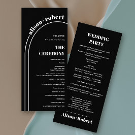 Schwarzes Hochzeitsprogramm für Weißbogen und Typo Werbekarte