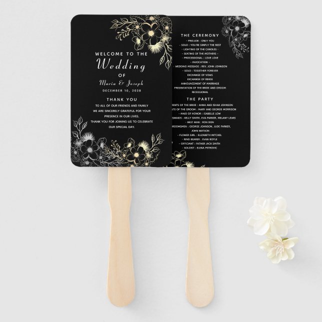 Schwarzes Hochzeitsprogramm-Handfächer Fächer (Vorne und Hinten)