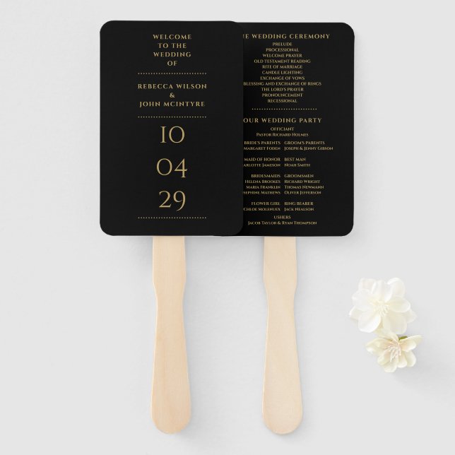 Schwarzes Hochzeitsprogramm mit goldenem Spezialda Fächer (Vorne und Hinten)
