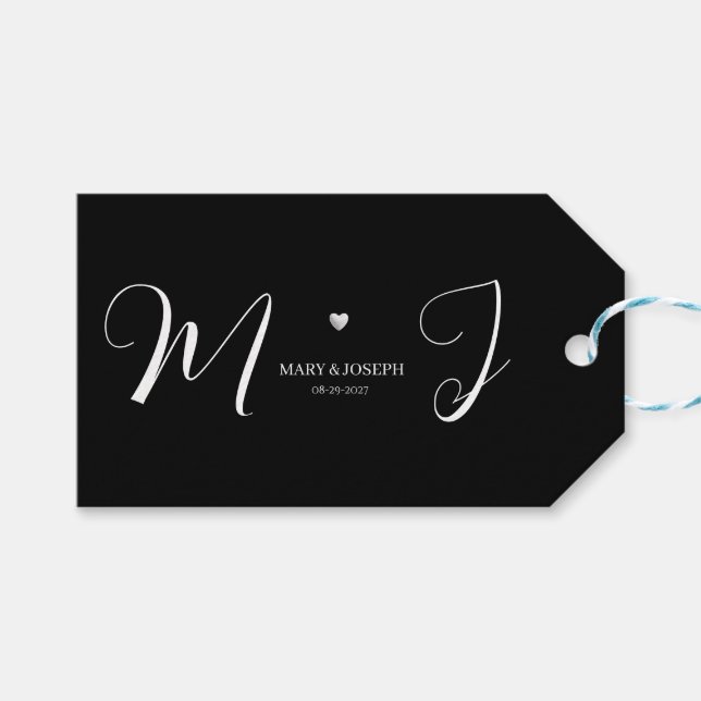 Schwarzes Hochzeitstiftchen mit weißem Monogramm-T Geschenkanhänger (Vorderseite (Horizontal))