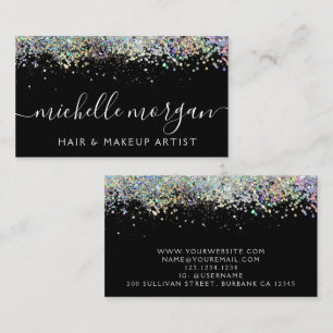 Schwarzes holografisches Glitter Haar & Make-up Telefonnummerkarte