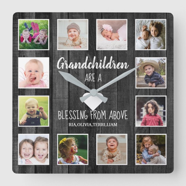 Schwarzes Holz 12 Foto Collage Grandchildren Zitat Quadratische Wanduhr (Vorderseite)