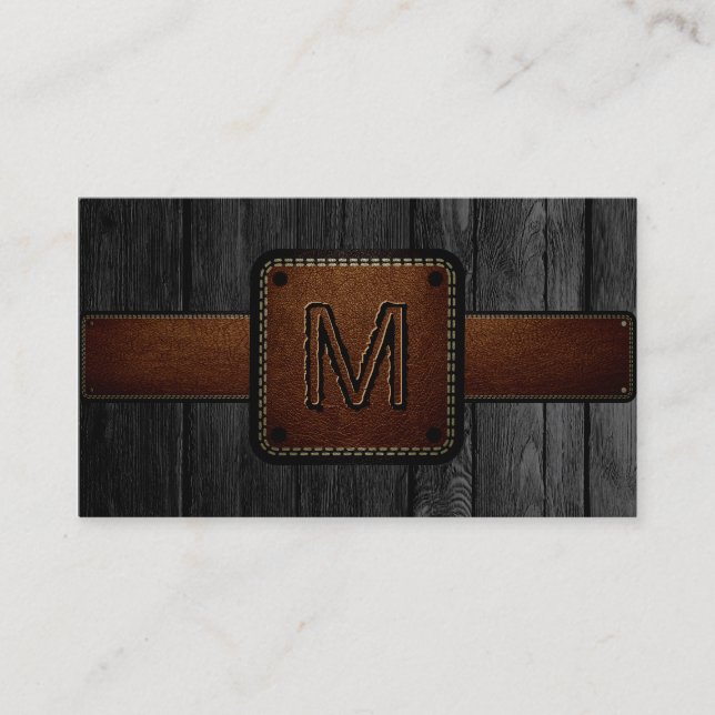 Schwarzes Holz braunes Leder Look Monogram Visitenkarte (Vorderseite)