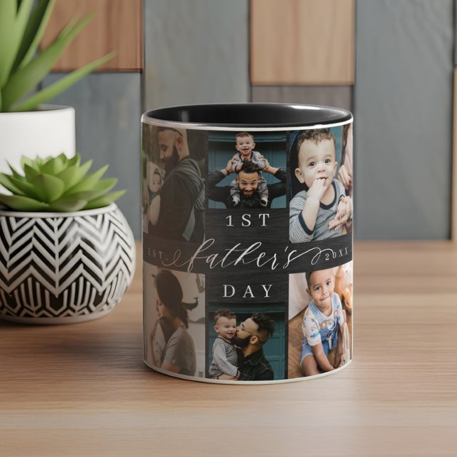 Schwarzes Holzkorn-FotoCollage des ersten Vaters Tasse (First Father's Day Black Woodgrain Photo Collage Mug)