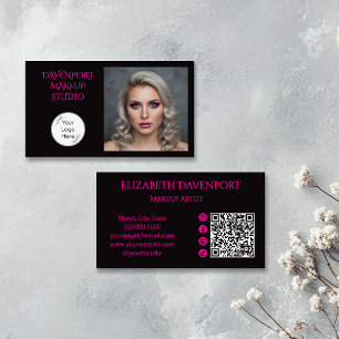 Schwarzes Hot-Pink-Social-Icon-QR-Code-Foto-Make-u Visitenkarte