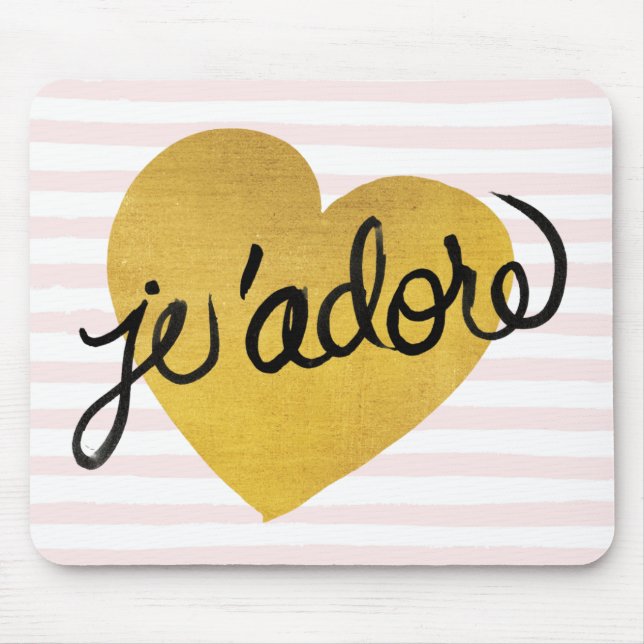 Schwarzes J'adore Zitat-| u. Goldherz Mousepad (Vorne)