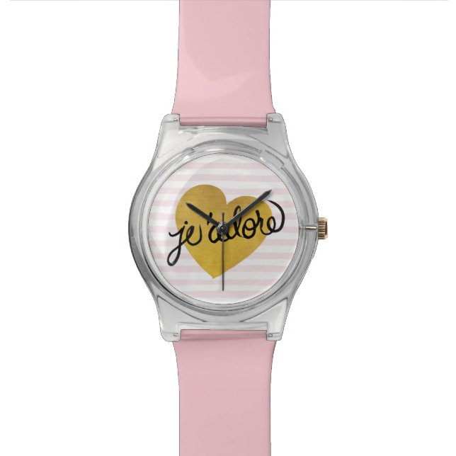 Schwarzes J'adore Zitat-| u. Goldherz Uhr (Nahaufnahme)