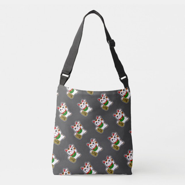 Schwarzes Japanisches Lucky Cat Pattern Tragetaschen Mit Langen Trägern (Vorderseite)
