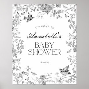 Schwarzes Jouy-Blumen-Babyshower-Willkommensschild Poster