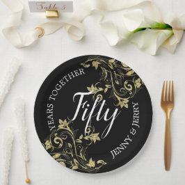 Schwarzes Jubiläumspapier mit goldenen Blume Pappteller