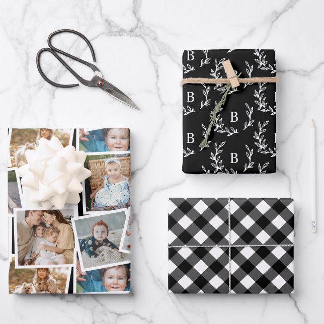 Schwarzes Kariertes Monogramm und Fotolack Geschenkpapier Set (Vorderseite)