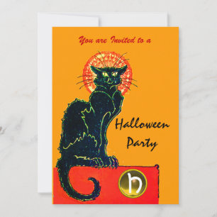 SCHWARZES KATZ-HALLOWEEN-PARTY-MONOGRAMM EINLADUNG