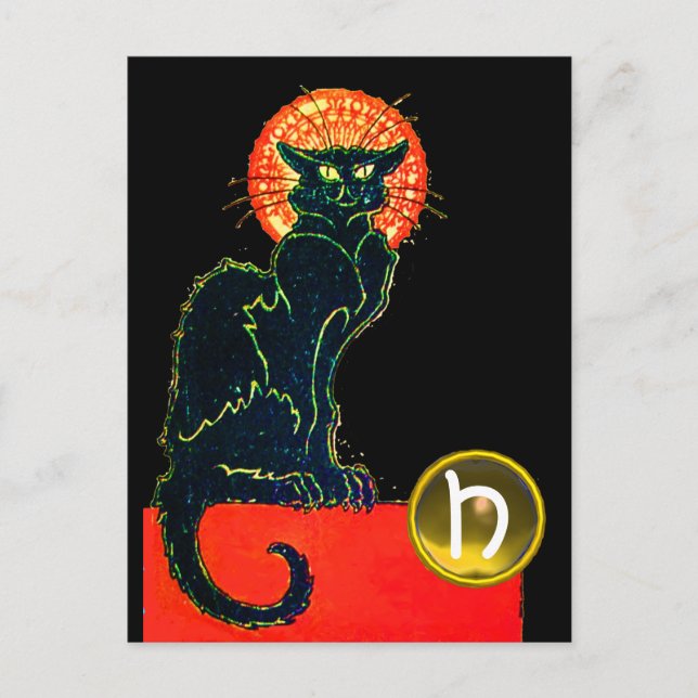 SCHWARZES KATZ-HALLOWEEN-PARTY-MONOGRAMM EINLADUNGSPOSTKARTE (Vorderseite)