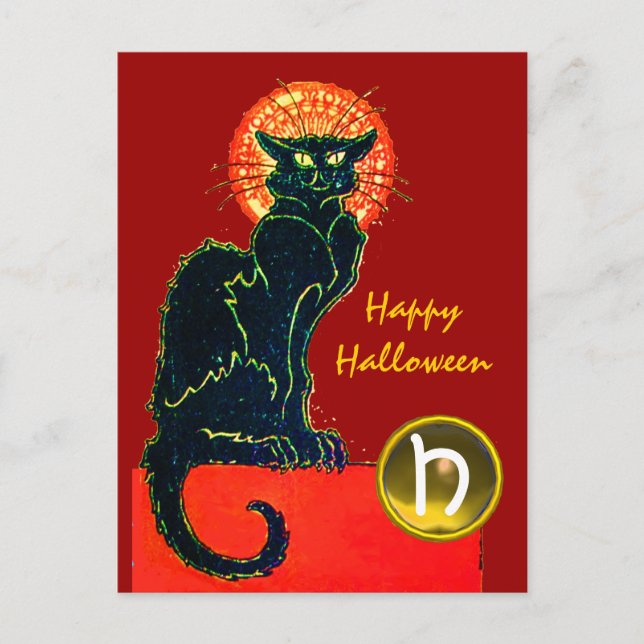 SCHWARZES KATZ-HALLOWEEN-PARTY-MONOGRAMM EINLADUNGSPOSTKARTE (Vorderseite)