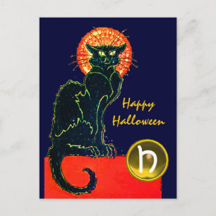 SCHWARZES KATZ-HALLOWEEN-PARTY-MONOGRAMM EINLADUNGSPOSTKARTE