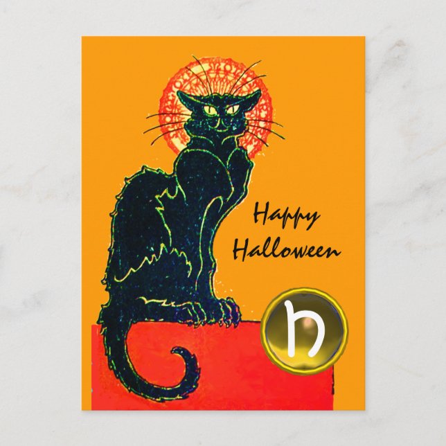 SCHWARZES KATZ-HALLOWEEN-PARTY-MONOGRAMM EINLADUNGSPOSTKARTE (Vorderseite)