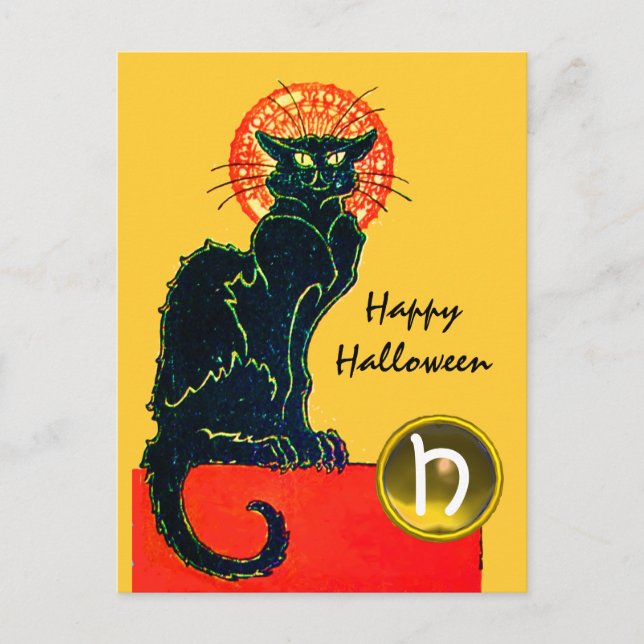 SCHWARZES KATZ-HALLOWEEN-PARTY-MONOGRAMM EINLADUNGSPOSTKARTE (Vorderseite)