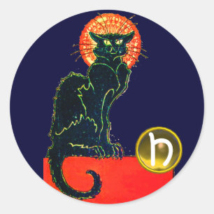 SCHWARZES KATZ-HALLOWEEN-PARTY-MONOGRAMM RUNDER AUFKLEBER