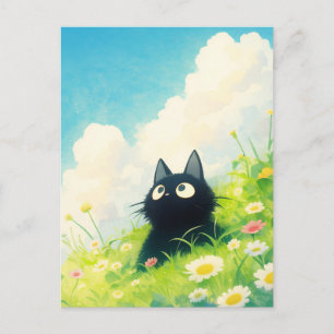 Schwarzes Kätzchen auf sonniger Gänseblümchen-Wild Postkarte
