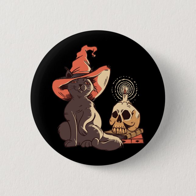 Schwarzes Kätzchen Hexe Halloween Design Button (Vorderseite)