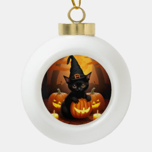 Schwarzes Kätzchen in Hexenhut zwischen Halloween- Keramik Kugel-Ornament