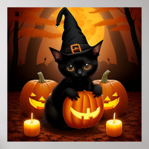 Schwarzes Kätzchen in Hexenhut zwischen Halloween- Poster
