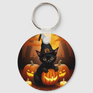 Schwarzes Kätzchen in Hexenhut zwischen Halloween- Schlüsselanhänger