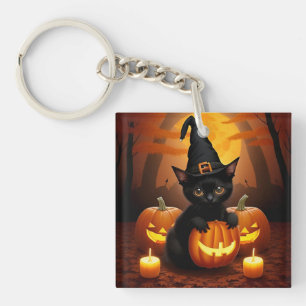 Schwarzes Kätzchen in Hexenhut zwischen Halloween- Schlüsselanhänger