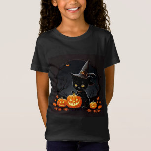 Schwarzes Kätzchen in Hexenhut zwischen Halloween- T-Shirt
