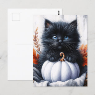Schwarzes Kätzchen mit weißem Kürbis Halloween Postkarte