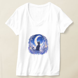 Schwarzes Katze-Halbmond-T-Shirt T-Shirt