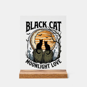Schwarzes Katze Halloween-Shirt Vintage Mond Fried Acrylschild