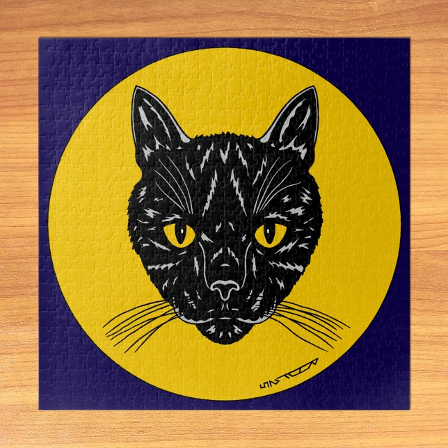 Schwarzes Katzen Gesicht (Black Cat Face Puzzle on Table)