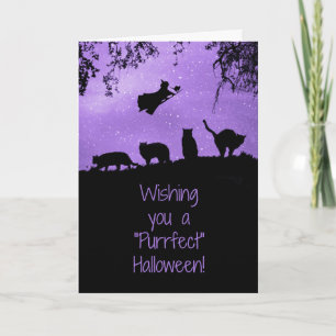 Schwarzes Katzen Halloween mit Hexe Niedlich Karte