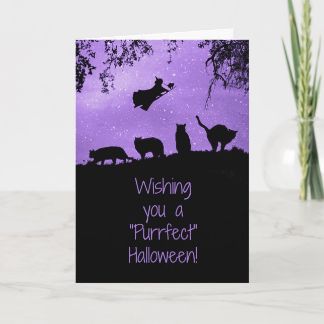 Schwarzes Katzen Halloween mit Hexe Niedlich Karte (Vorderseite)