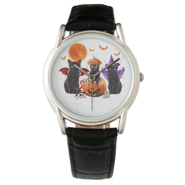 Schwarzes Katzen Halloween, schwarze Katze auf Kür Armbanduhr (Vorderseite)