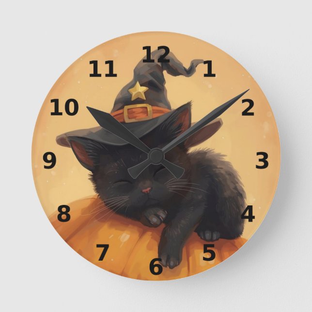 Schwarzes Katzen Halloween Wall Uhr schlafen (Vorderseite)