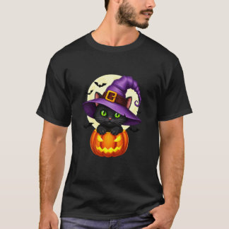 Schwarzes Katzen-Kürbis-Halloween-Kostüm Herbst T-Shirt