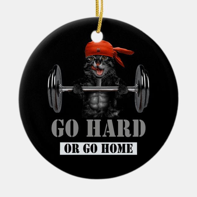 Schwarzes Katzengewicht in Fitness Gym wird schwer Keramik Ornament (Vorne)