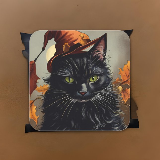Schwarzes KatzenHalloween Vintag-Hexerei Malerei S Quadratischer Aufkleber (Black Cat Halloween Vintage Witchy Painting Spooky Square Sticker)