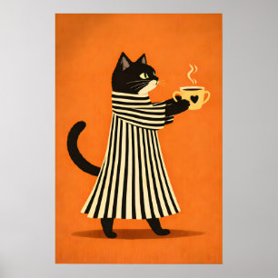 Schwarzes Katzenkaffee-Poster, Minimalistische Tie Poster