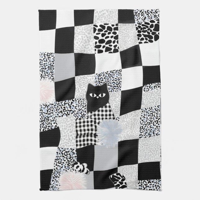 Schwarzes Katzenmuster Gingham gemischtes Karomust Geschirrtuch (Vertikal)