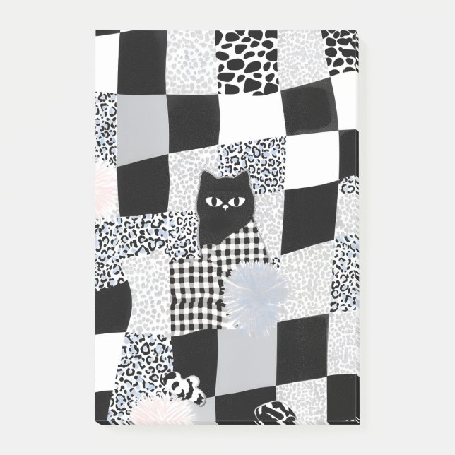 Schwarzes Katzenmuster Gingham gemischtes Karomust Post-it Klebezettel (Vorderseite)