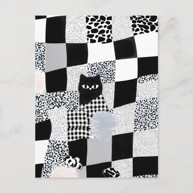 Schwarzes Katzenmuster Gingham gemischtes Karomust Postkarte (Vorderseite)
