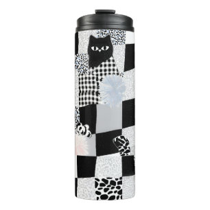 Schwarzes Katzenmuster Gingham gemischtes Karomust Thermosbecher