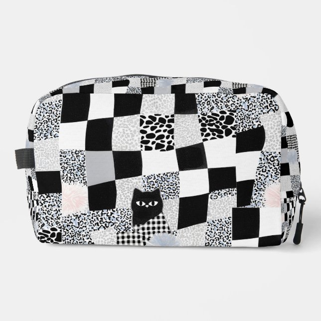 Schwarzes Katzenmuster Gingham gemischtes Karomust Waschbeutel (Vorderseite)