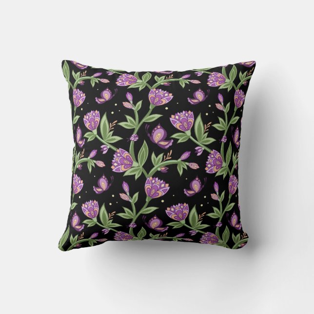 Schwarzes Kissen mit violetten Blumen (Rückseite)