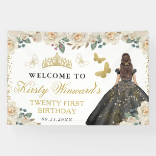 Schwarzes Kleid Brünette Prinzessin Floral Geburts Banner