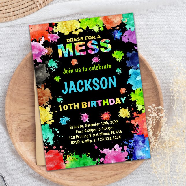 Schwarzes Kleid für Mess Paint Birthday Einladunge Einladung (Black Dress For Mess Paint Birthday Invitations)