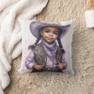 Schwarzes kleines Mädchen in lila Cowgirl-Mode Kissen